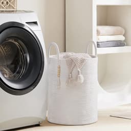 Katoenen Wasmand 58L Wasmand van Touw - Handgemaakte Gevlochten Laundry Basket - Opvouwbare Opbergmand met Handgrepen - Grote Wasmand Organizer 38x38x50 cm - Decoratieve Wasmand voor Kleding, Speelgoed, Dekens — thumbnail 3