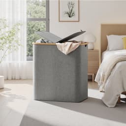 Wasmand 2 vakken - Wasmand met deksel - Groot volume 150 liter - Verdeelde opbergmand - Grijs — thumbnail 2