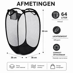 HEM Opvouwbare Waszak 64 Liter – Pop-up Wasmand – Inklapbare Laundry Bag met Handgrepen – 36x36x58 cm – Zwart – Inclusief HEM Microvezeldoekje — thumbnail 5