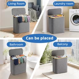 Wasmand met 3 vakken geschikt voor badkamer, slaapkamer en balkon – met deksel, grote inhoud van 160 liter – voor gescheiden opbergen – Grijs — thumbnail 4