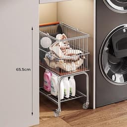 Wasmand met wielen - Kleding organizer - Kleding sorteren - Dubbele opbergruimte - 48x36x66cm - Zilver — thumbnail 3
