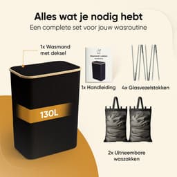 Rivoya Wasmand 2 Vakken - Wassorteerder - 130L - Met 2 Uitneembare Zakken - Wasmand met deksel - Laundry basket - Waszak - Zwart - Knopen — thumbnail 5
