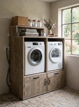 Wasmachinekast Cleveland met uitschuifbare plateaus – Voor wasmachine en droger – 135 x 65 x 150 cm – Steigerhout — thumbnail 2