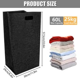 Dailygoods- Wasmand 60 Liter - Opvouwbare Wasverzamelaar - Smalle Wasmand - Vilten Wasmand - Zwart - Geschikt voor Slaapkamer/Badkamer — thumbnail 3
