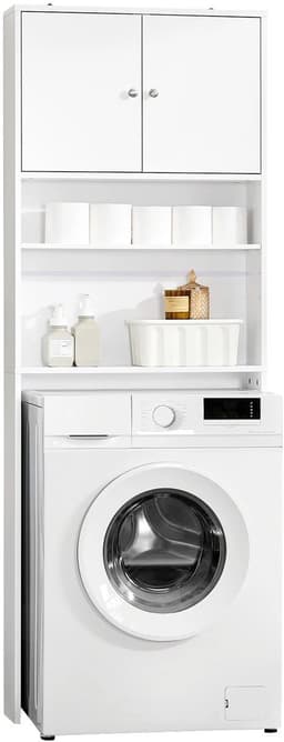 Novendo Goods - Wasmachinekast 182 cm hoog met kast en planken - Badkamer opbergkast boven wasmachine - Smalle ruimtebesparende kast - Wit MDF — thumbnail 1