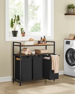 Jensaro Wasmand 3 Waszakken - Wasorganizer - 2 Planken 3 Vakken - 3x40 Liter - 92.5x92x33 cm - Bruin Zwart - Was sorteerder — thumbnail 2