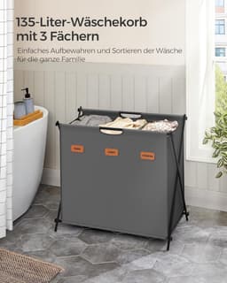FurnStar - Wasmand - wasverzamelaar - 135 liter - wasbox - 3 vakken - inklapbaar X-frame - individuele etiketten - voor bijkeuken - slaapkamer - badkamer - 70 x 40 x 66 cm - grijs — thumbnail 3