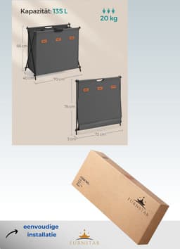 FurnStar - Wasmand - wasverzamelaar - 135 liter - wasbox - 3 vakken - inklapbaar X-frame - individuele etiketten - voor bijkeuken - slaapkamer - badkamer - 70 x 40 x 66 cm - grijs — thumbnail 2