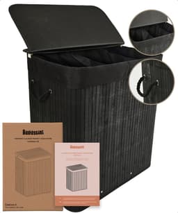 Bellettini® Bamboe Wasmand met Deksel - 3 Compartimenten Wassorteerder - 155 Liter - Zwart — thumbnail 1