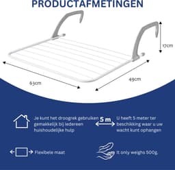 Droogrek Radiator - Handdoekhouder Radiator Met 5 Meter Drooglijnlengte - Handdoekrek Radiator - Wasrek Droogrek Balkon – Hangdroogrek - Droogrek Ophangbaar – Trapgat - Sneldrogend — thumbnail 3