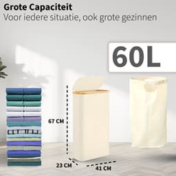 Smalle Wasmand met Deksel en Waszak - 60L - Smal - Wasmand - Opvouwbaar - Opbergmand - Linnen - Beige — thumbnail 2