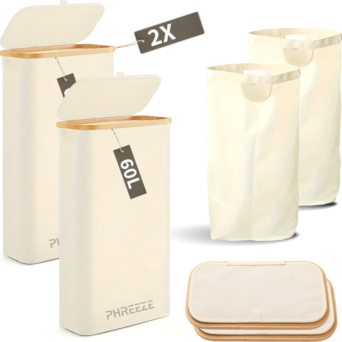 Smalle Wasmand - 60L - 2 Stuks - Wasmanden met Deksel en Waszak - Mand Vuile Was - Opbergmand - Mand - Beige — afbeelding 1