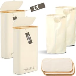 Smalle Wasmand - 60L - 2 Stuks - Wasmanden met Deksel en Waszak - Mand Vuile Was - Opbergmand - Mand - Beige — thumbnail 1