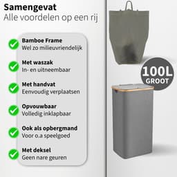 Wasmand met Waszak - 100L - Groot formaat - Wasmand met deksel - Sterk materiaal - Wassorteerder - 2 Stuks - Grijs — thumbnail 4