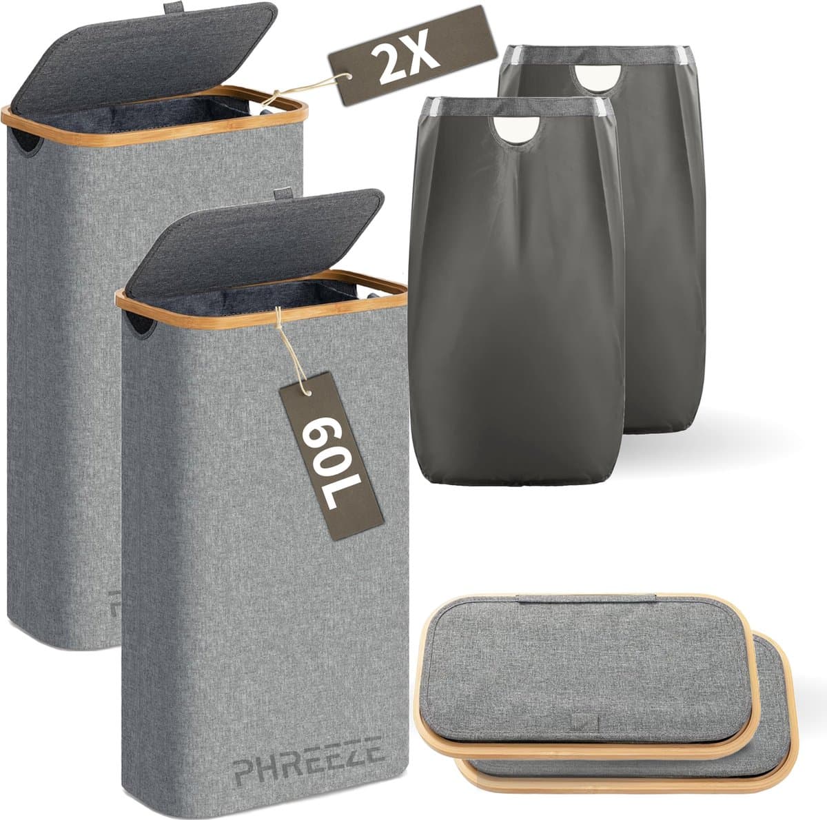 Smalle Wasmand - 60L - 2 Stuks - Wasmanden met Deksel en Waszak - Mand Vuile Was - Opbergmand - Mand - Grijs — afbeelding 1