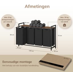 ACAZA Wasmand - Wassorteerder - 4 Vakken - 160 L - 116 x 72 x 33 cm - Vintage Bruin en Zwart — thumbnail 2