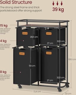 FurnStar - Wassorteerder - wasscheider met wielen - 150 liter - wasmanden - beweegbare waswagen met plank - 4 afneembare vakken - 6 etiketten - 72 x 33 x 109 cm - inktzwart-kastanjebruin — thumbnail 3