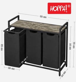 Hoppa! Wasmand - 3 Vakken - Vintage Greige-Zwart - Inclusief Uitschuifbare Waszakken - 92,5 x 33 x 72 cm (B x D x H) — thumbnail 2