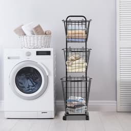 Wasmandwagen Met 3 Manden Zwart 26*32*123cm 3-Laags Rolbare Wasmanden Op Wielen Wasrek Waswagen Voor Badkamer Waskeuken — thumbnail 3