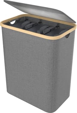 140 l wasmand van Oxford-weefsel, 3 vakken, afneembare wasverzamelaar met bamboeframe, opvouwbare waszak, wasboxen met handvat en deksel, wassorteerder, wasmand voor bijkeuken, grijs NAIZY — thumbnail 1
