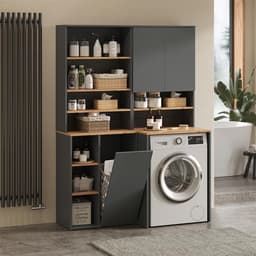 Wasmachinekast met Opbouw en Opbergruimte Badkamer Kast Anthraciet/Eiken — thumbnail 4