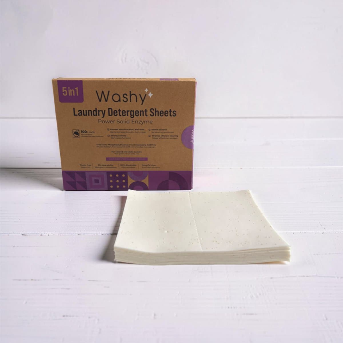 Washy Wasstrips Lavendel- Wasmiddeldoekjes voor Witte, Gekleurde en Zwarte Was - Wasmiddel Strips - Eco Wasmiddel Vellen - Duurzame Laundry Strips (100 wasbeurten) — afbeelding 1