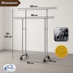 Coemo mobiel kledingrek op wielen, L 162x42x160 cm, metalen rolkast, 2 kledingstangen voor de slaapkamer, kledinghangers, vrijstaand kledingrek, kledingkaststandaard — thumbnail 2