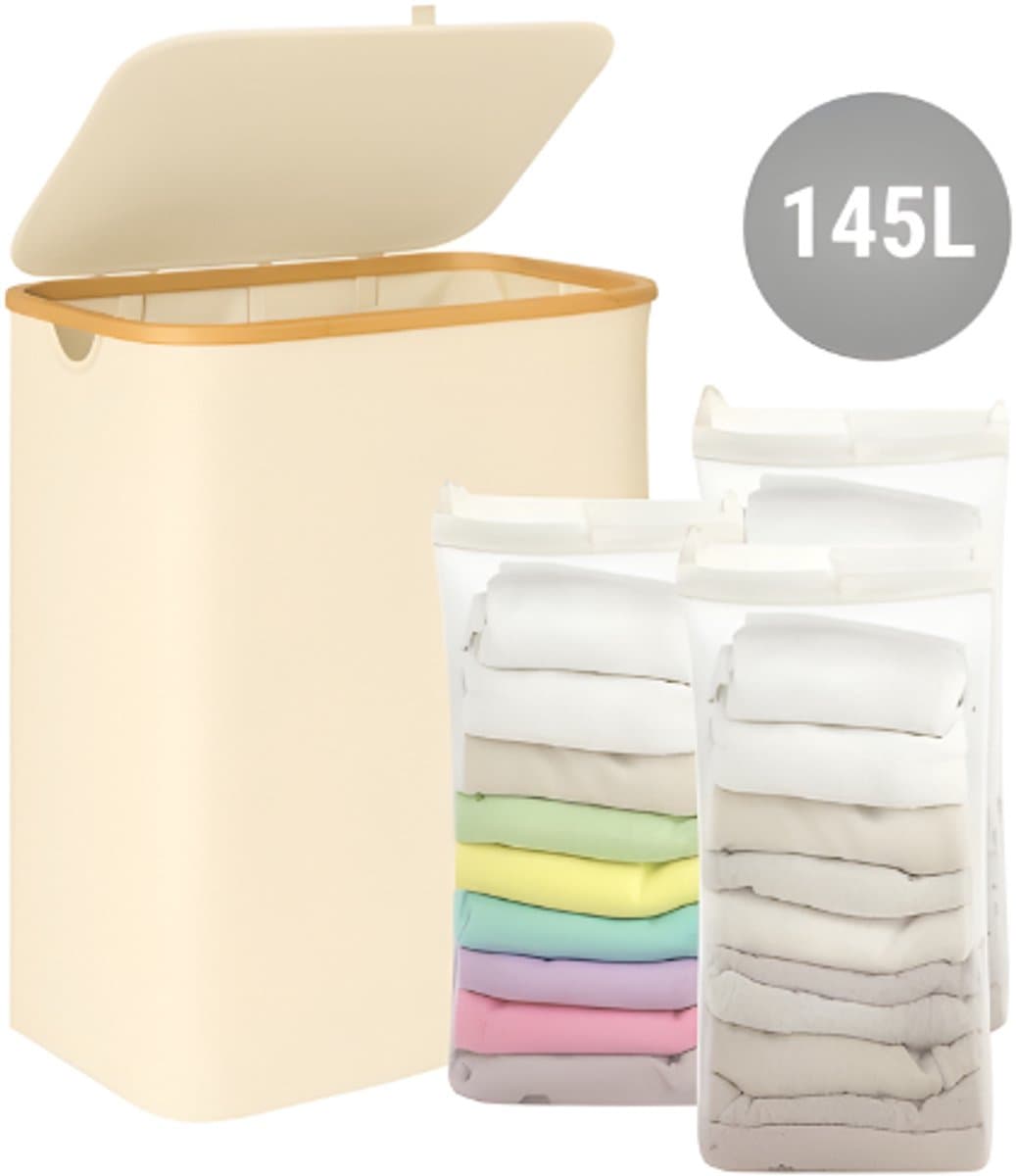 Lirena wasmand - drie vakken - opvouwbare wassorteerder - 3 in 1 wasmand - Beige — afbeelding 1