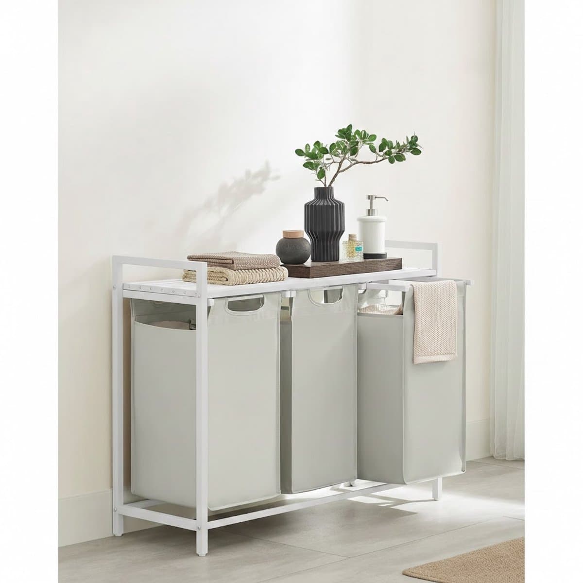 Witte Wasmand met 3 Vakken – Afneembare Waszakken & Plank – Metalen Frame – 3×38 L — afbeelding 1