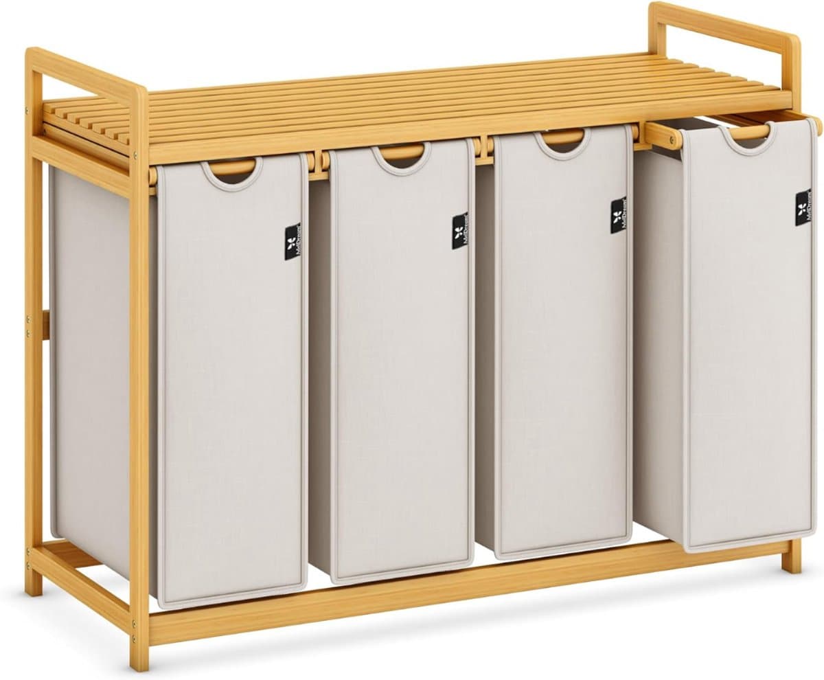 Core® Wasmand 4 Vakken - Wassorteerder - Wasmand - met Verwijderbare Waszak - Licht Grijs - 107cm x 42cm x 77cm — afbeelding 1
