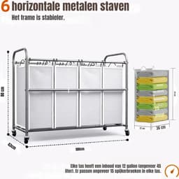 Zyrex® Wassorteerder 4 vakken - Wasmand 4 vakken - Wasmand Op Wieltjes – Grijs - ‎100 x 43 x 80cm — thumbnail 2