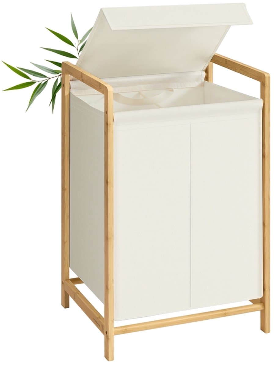 Wasmand – Met bamboe frame – Twee compartimenten – Afneembaar deksel – 100 L – Crèmewit – 45 x 40 x 78 cm — afbeelding 1