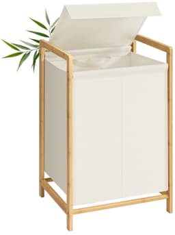 Wasmand – Met bamboe frame – Twee compartimenten – Afneembaar deksel – 100 L – Crèmewit – 45 x 40 x 78 cm — thumbnail 1