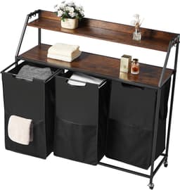 Wasmand, met 2 Niveaus met Metalen Frame en Houten Top, Rollende Mand met 3 Compartimenten, Ladderplanken en Duurzame 600D Oxford-Stoffen Tassen voor Het Sorteren van Kleding — thumbnail 4