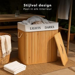 Cheqo® Wasmand met 2 Vakken - Wassorteerder - Bamboe Wasmand - Uitneembare Binnenzak - Afneembaar Deksel - 100 Liter Inhoud - Naturel Kleur - Wasmand met Deksel - Wasbare Binnenzak — thumbnail 4