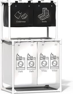 Wassorteerder 4 Vakken - Wasmand - 150L - Wit met Zwart — thumbnail 1