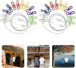 Portable Clothesline - 2 Pack - Travel Clothesline met 12 Pcs Colorful Clips - Verstelbare Camping Clothesline - Elastische Retractable Clothesline voor Binnen en Buiten — thumbnail 1