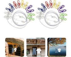 Portable Clothesline - 2 Pack - Travel Clothesline met 12 Pcs Colorful Clips - Verstelbare Camping Clothesline - Elastische Retractable Clothesline voor Binnen en Buiten