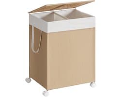 Waskorf, vuilewasmand met 2 vakken, waszak, handvat, deksel en wielen, 100 liter grote opslagcapaciteit, geschikt voor wasruimte, badkamer en slaapkamer, 46,5 x 37,5 x 65 cm, naturel.