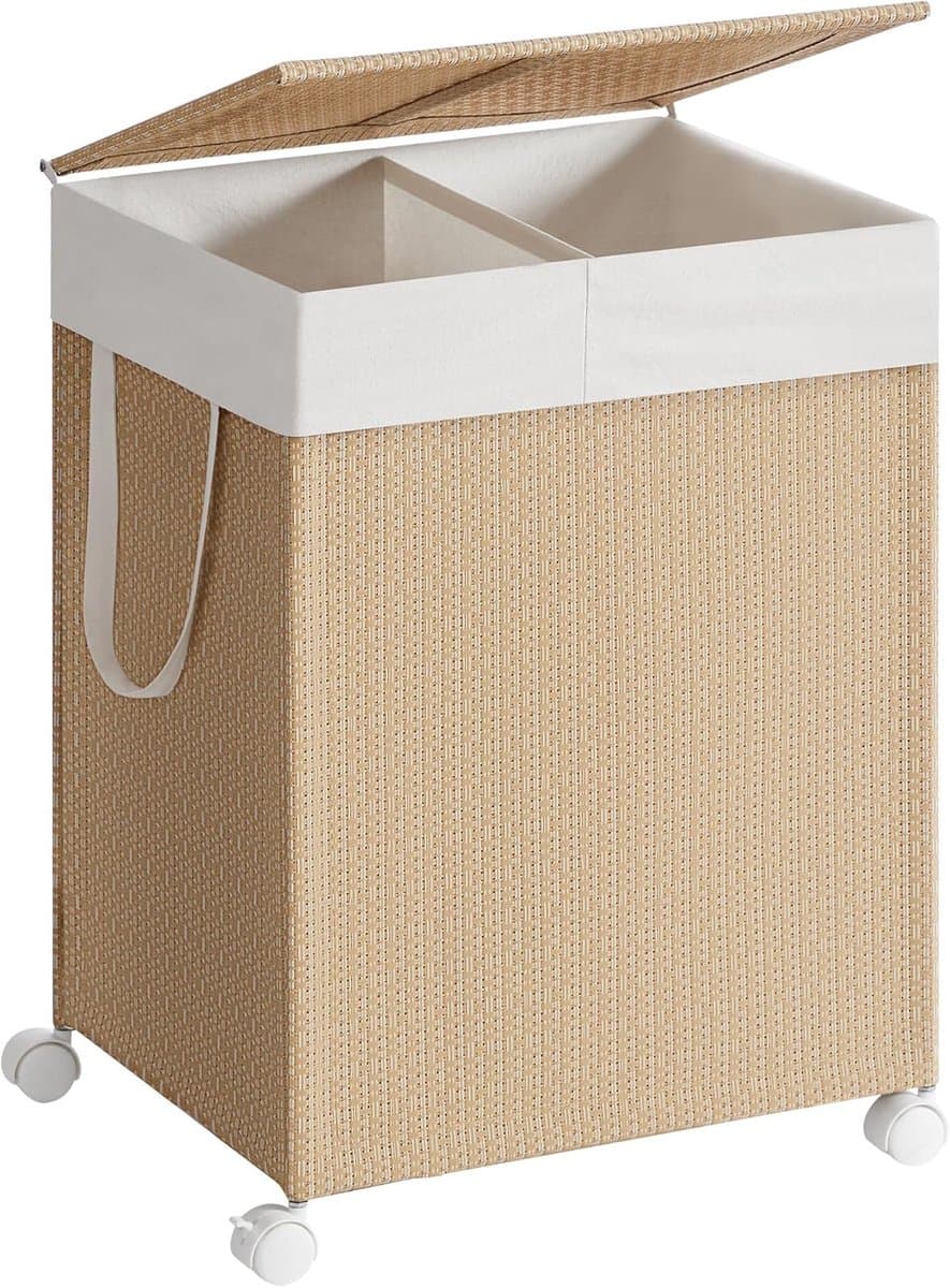 Waskorf, vuilewasmand met 2 vakken, waszak, handvat, deksel en wielen, 100 liter grote opslagcapaciteit, geschikt voor wasruimte, badkamer en slaapkamer, 46,5 x 37,5 x 65 cm, naturel. — afbeelding 1