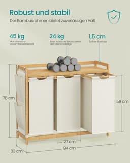Wasmand 3 Vakken 3 x 50 L 94 x 33 x 78 cm Crèmewit – Grote Opberger — thumbnail 2