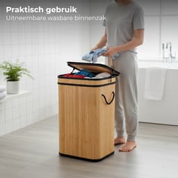 Lomera Wasmand Bamboe - Wassorteerder - 72 Liter - Klapdeksel - Uitneembare Waszak - Wasbare Binnenzak - Natuurlijk Bruin - Lichtgewicht Wasmand - Compact Formaat - Ruimtebesparend Ontwerp - Stevige Constructie — thumbnail 2