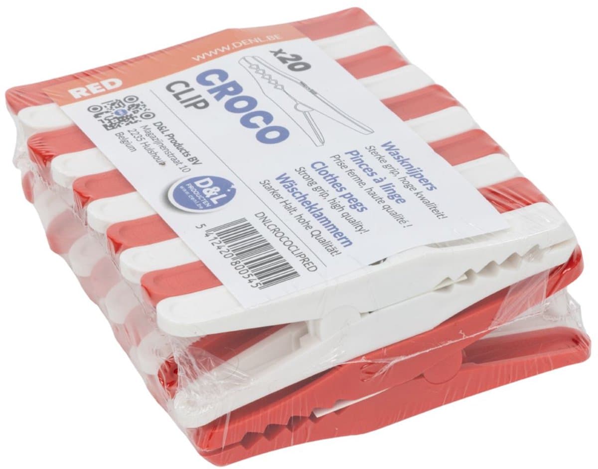 D&L Croco Wasklemmen/Wasknijpers - 20 Stuks - Rood/Wit — afbeelding 1