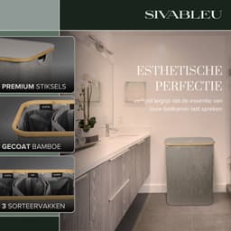 Sivableu Wasmand Zwart 3 vakken – Wassorteerder – 160L – 3 uitneembare zakken – Wasmand met Deksel – opvouwbaar - Laundry Basket - Wasbox - Bamboe - Labels — thumbnail 2