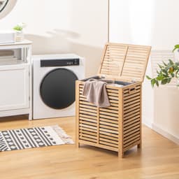 COSTWAY Wasmand met deksel, groot, 80 liter wasverzamelaar, bamboe, wasbox met waszak, uitneembaar en wasbaar, voor badkamer, slaapkamer, woonkamer — thumbnail 3