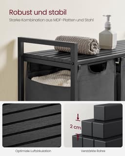 Furnstar Wasmand - Wasverzamelaar met plank - Wasbox - Afneembare waszak van Oxford weefsel - 3 vakken - Metalen frame - 120L - 92,5 x 33 x 72 cm - Leigrijs Antracietgrijs — thumbnail 4