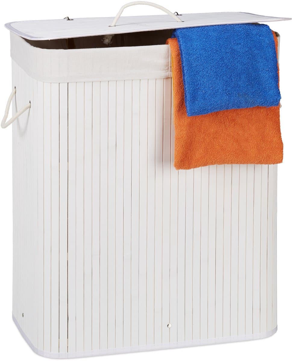 2x wasmand 2 vakken - bamboe wasbox wit - 95 liter - opvouwbaar - met deksel — afbeelding 1