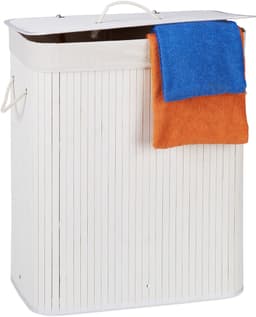 2x wasmand 2 vakken - bamboe wasbox wit - 95 liter - opvouwbaar - met deksel — thumbnail 1
