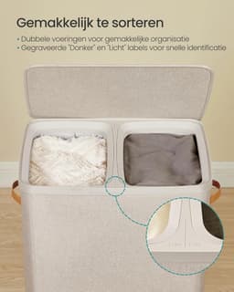 SONGMICS Wasmand, 170 L Vuile wasmand, 2 compartimenten, eenvoudige montage, met deksel en handgrepen, uitneembare binnenzakken, 56 x 40 x 75 cm, Cappuccino Beige LCB813L01 — thumbnail 5