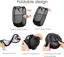 Wasmand - 2 Stuks - Mand - 36 × 36 × 60 CM - Wassorteerder - Wasbox Opvouwbaar - Mesh wasmand - Speelgoedmand - Draagbaa - Voor slaapkamer, kinderkamer, studentenhuis en reizen - Zwart — thumbnail 5